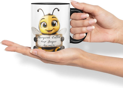 Vixar Personalised Bee Mug with Name or Custom Message – Cute Animal Coloured Ceramic Mug Cup Gift, 11oz (Black)