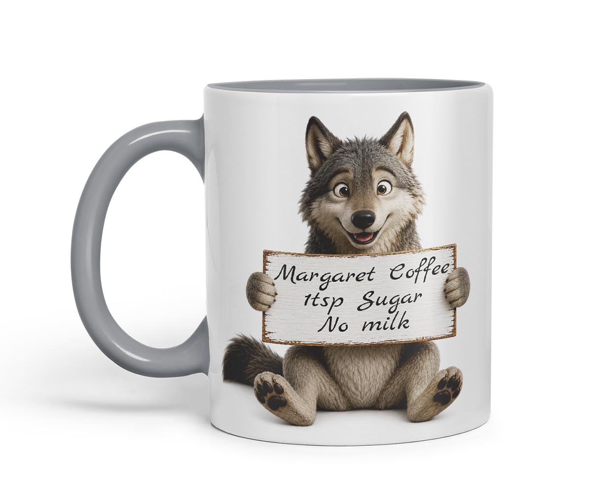 Vixar Personalised Wolf Mug with Name or Custom Message – Cute Animal Coloured Ceramic Mug Cup Gift, 11oz (Black)