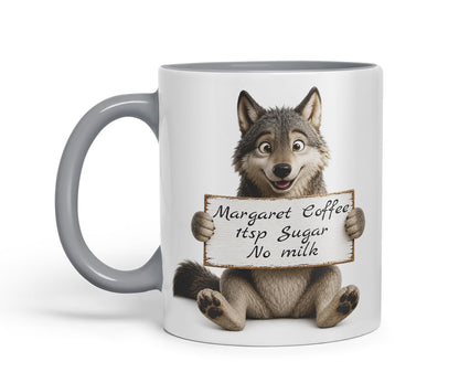 Vixar Personalised Wolf Mug with Name or Custom Message – Cute Animal Coloured Ceramic Mug Cup Gift, 11oz (Black)