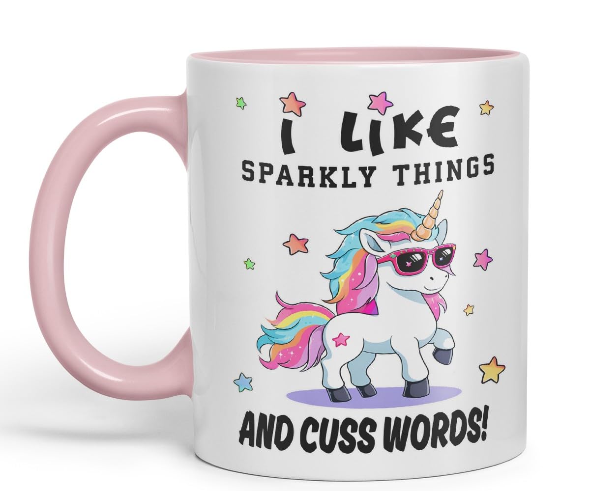 Vixar I Like Sparkly Things and Coffee – Funny Unicorn Coloured Mug Cup 11oz (Black)