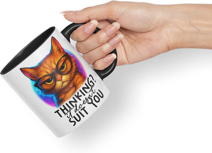 Vixar Thinking It Doesn't Suit You Sarcastic Cat – Coloured Ceramic Mug Cup Gift, 11oz (Black)