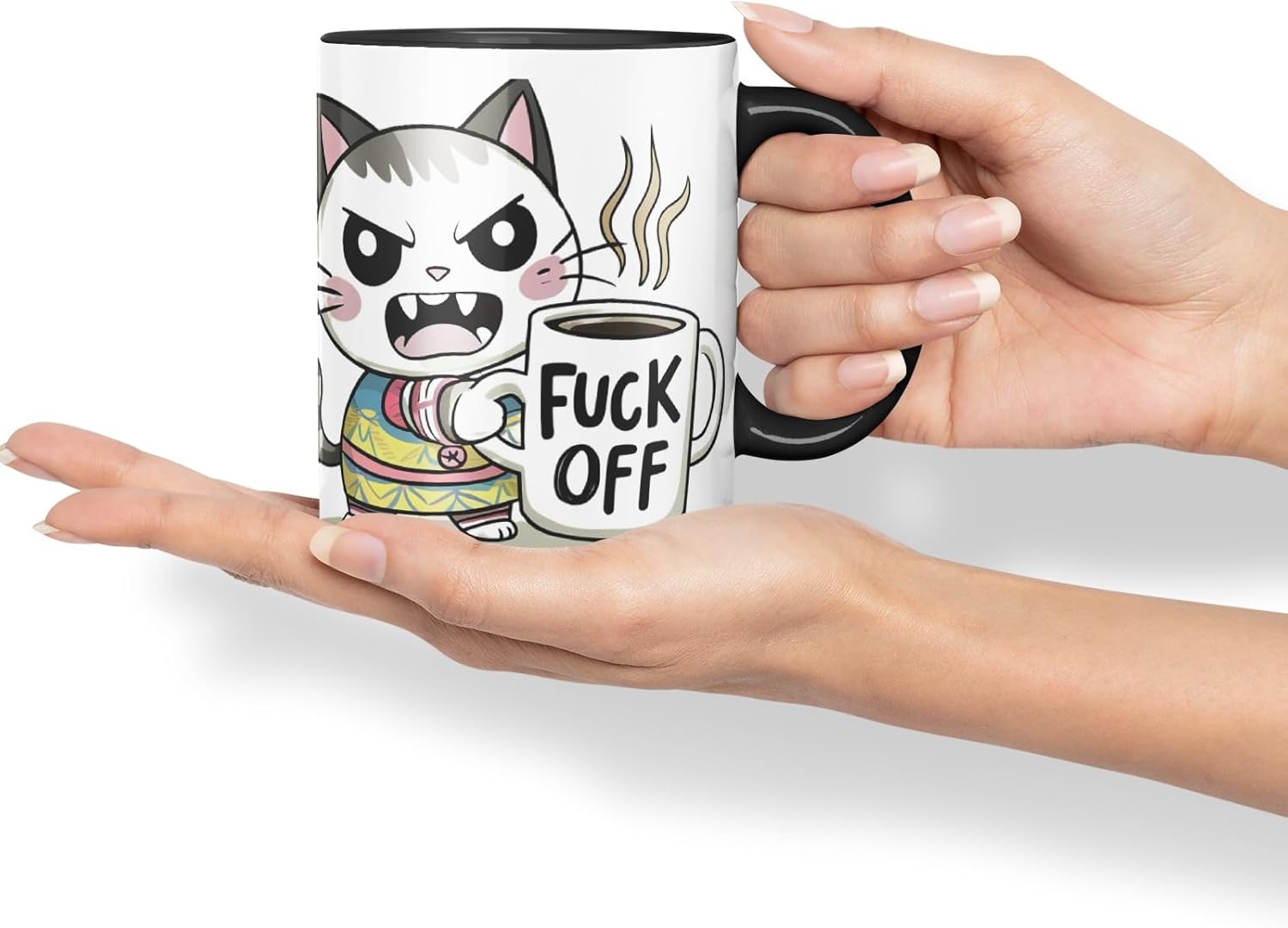 Vixar Angry Cat F** Off – Coloured Ceramic Mug Cup Gift, 11oz (Black)