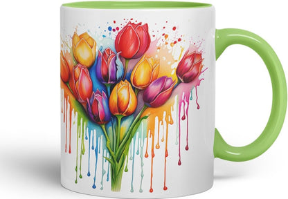 Vixar Tulip Spring Garden Mug Coloured Ceramic Mug Cup Gift, 11oz (Light Green)