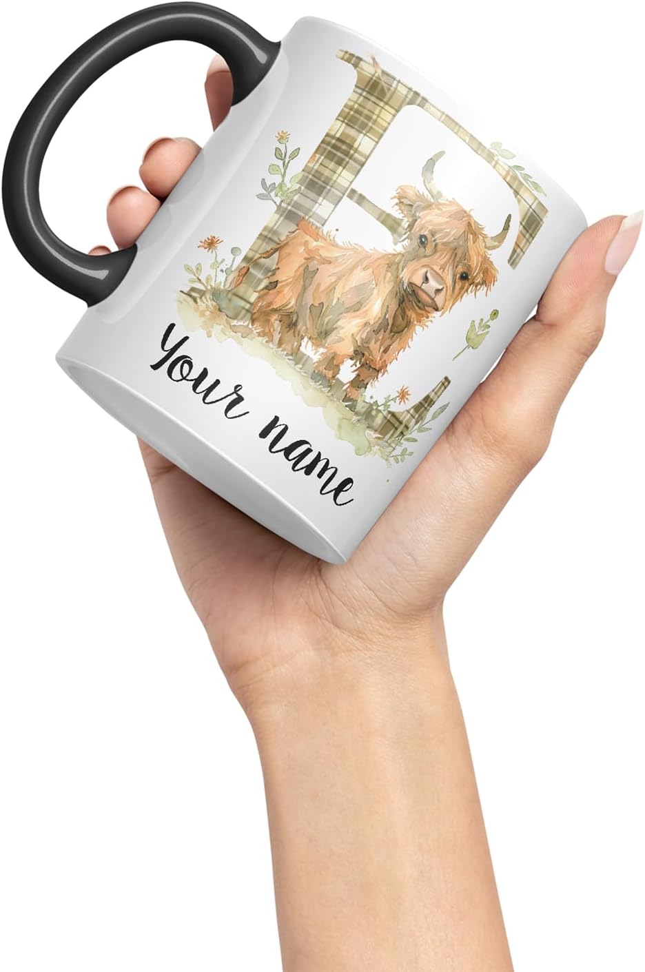 Vixar Personalised Highland Cow Initial Letter E Custom Name Mug – Coloured Ceramic Mug Cup Gift, 11oz (Black)