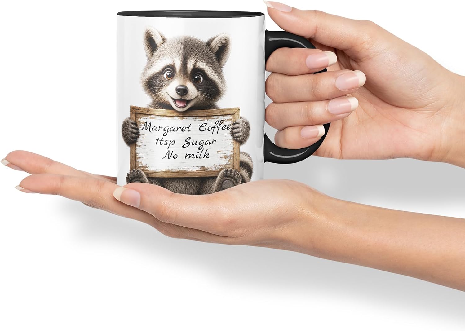 Vixar Personalised Raccoon Mug with Name or Custom Message – Cute Animal Coloured Ceramic Mug Cup Gift, 11oz (Black)