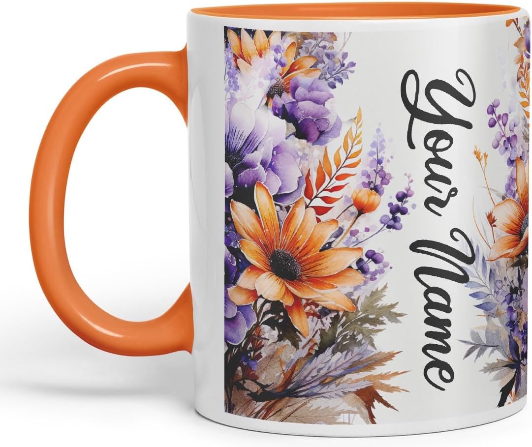 Vixar Personalised Orange Daisy Mug – Custom Your Name Coloured Ceramic Mug Cup Gift, 11oz (Orange)