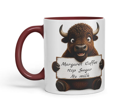 Vixar Personalised Bison Mug with Name or Custom Message – Cute Animal Coloured Ceramic Mug Cup Gift, 11oz (Black)