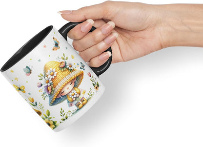 Vixar Spring Gnome Flowers Mug – Coloured Ceramic Mug Cup Gift, 11oz (Black)