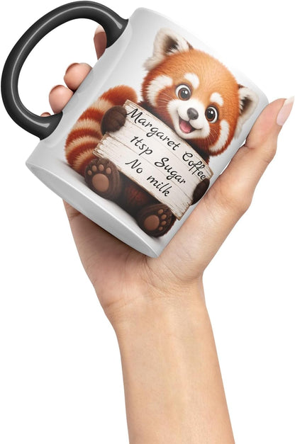 Vixar Personalised Red Panda Mug with Name or Custom Message – Cute Animal Coloured Ceramic Mug Cup Gift, 11oz (Black)