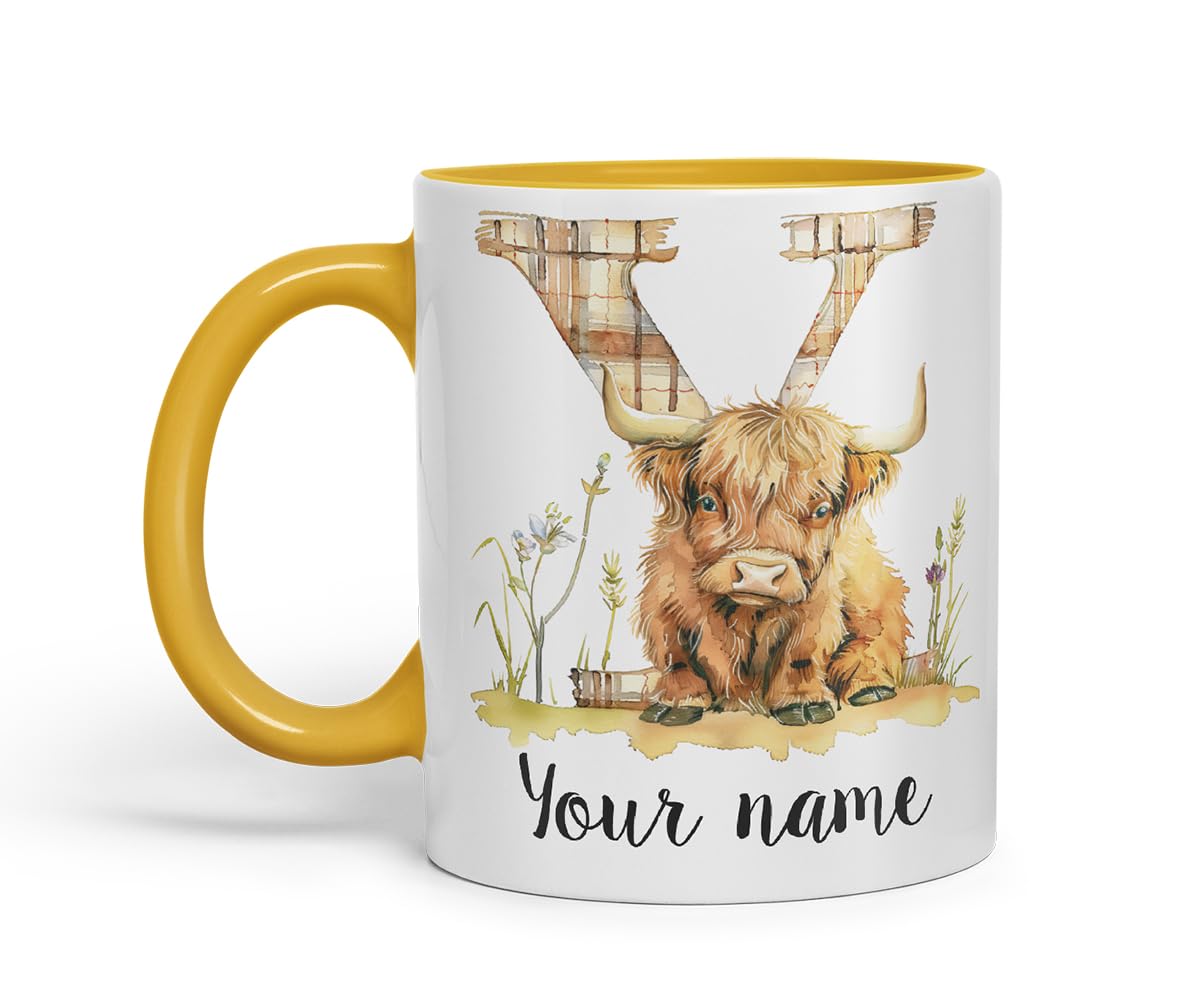 Vixar Personalised Highland Cow Initial Letter Y Custom Name Mug – Coloured Ceramic Mug Cup Gift, 11oz (Black)