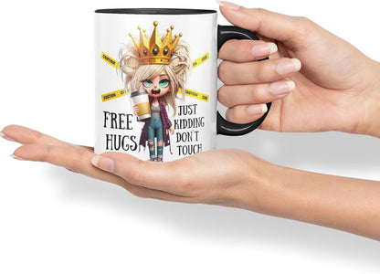 Vixar Free Hugs, Just Kidding Don’t Touch Me Sarcastic Queen Coloured Ceramic Mug Cup Gift 11oz (Black)