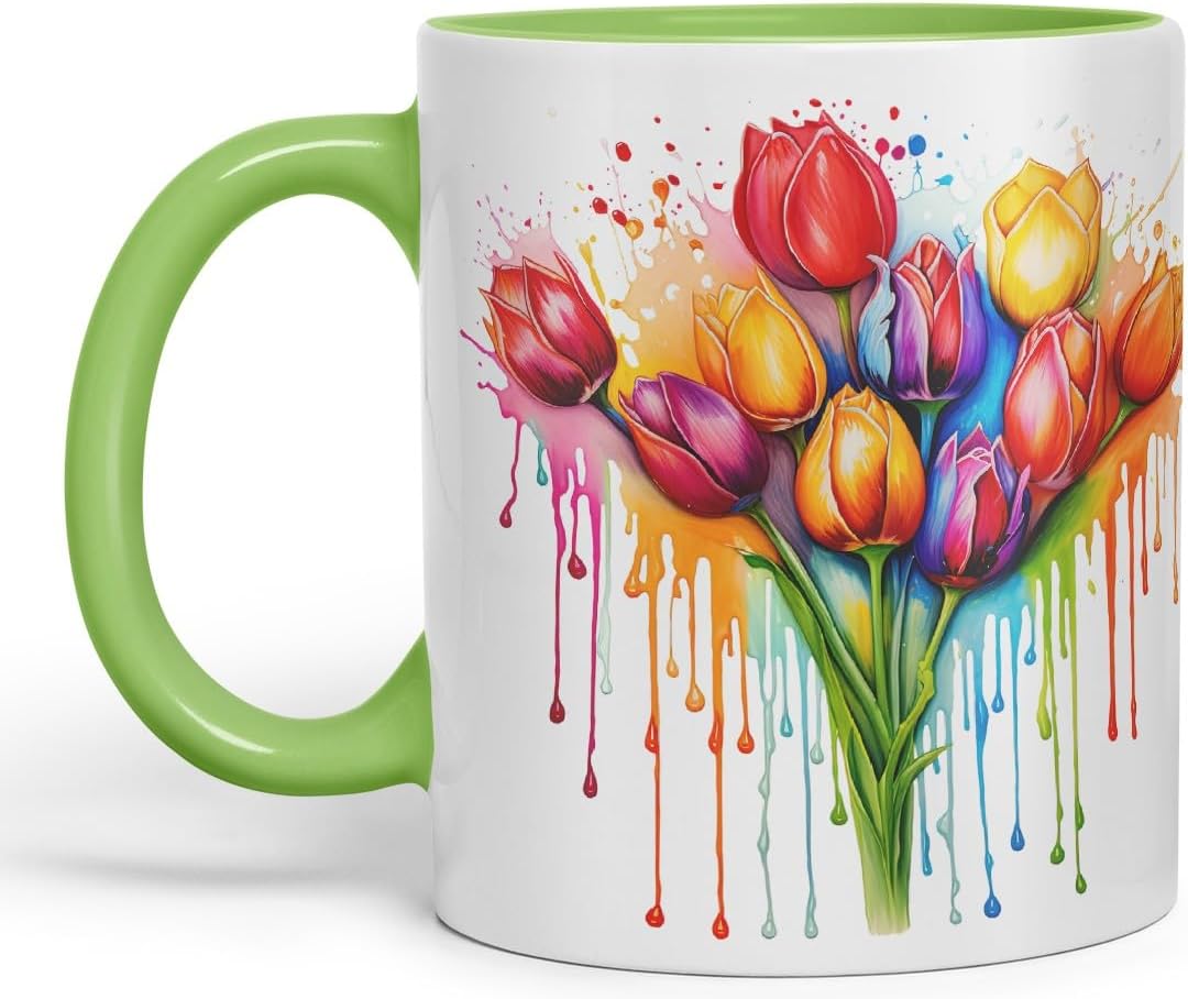 Vixar Tulip Spring Garden Mug Coloured Ceramic Mug Cup Gift, 11oz (Light Green)