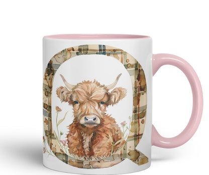 Vixar Highland Cow Alphabet Monogram Coloured Ceramic Cup Mug – Letter Q – Rustic Farmhouse Animal Letter Gift – 11oz (Black)