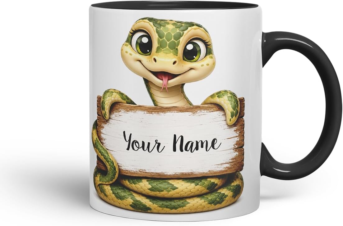 Vixar Personalised Snake Mug with Name or Custom Message – Cute Animal Coloured Ceramic Mug Cup Gift, 11oz (Black)