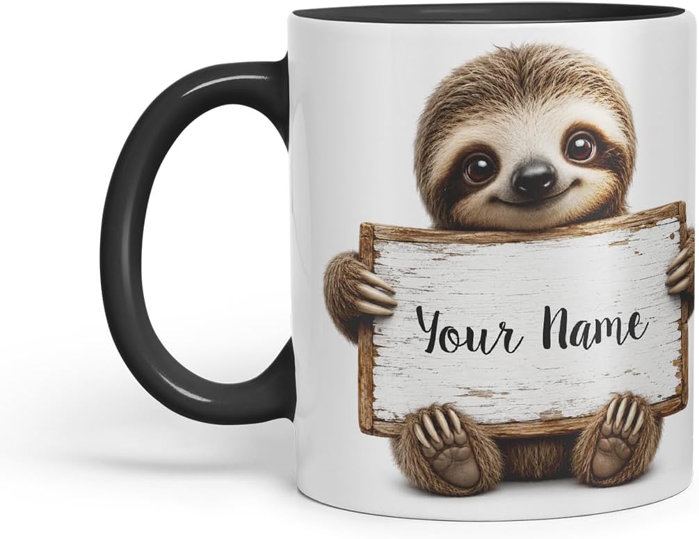 Vixar Personalised Sloth Mug with Name or Custom Message – Cute Animal Coloured Ceramic Mug Cup Gift, 11oz (Black)