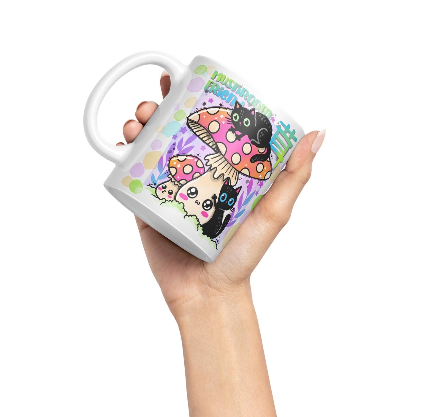 Vixar Mushroom with Cats Cat Friend Coloured Ceramic Mug Cup Gift 330ml 11oz Work Office Tea Coffee Valentines