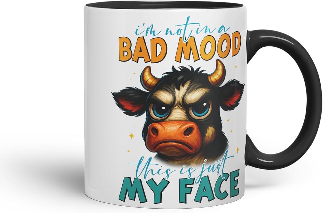 Vixar I'm Not in A Bad Mood This is Just My Face Sarcastic Cow – Coloured Ceramic Mug Cup Gift, 11oz (Black)