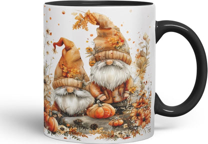 Vixar Ceramic Mug with Autumn Gnomes and Pumpkins Gnome Ceramic Coloured Mug Cup 330ml 11Oz (Black)