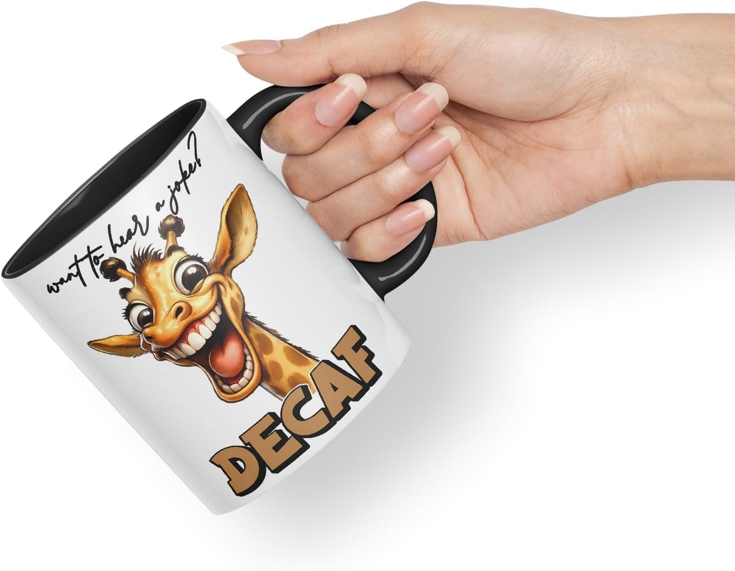 Vixar Want to Hear a Joke? Decaf Sarcastic Giraffe Mug, Coloured Ceramic Cup 11oz (Black)