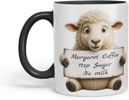 Vixar Personalised Sheep Mug with Name or Custom Message – Cute Animal Coloured Ceramic Mug Cup Gift, 11oz (Black)