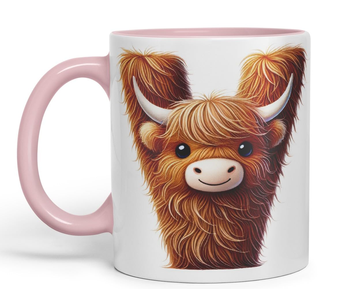 Highland Cow Alphabet Monogram Coloured Ceramic Cup Mug Letter V Rustic Farmhouse Animal Letter Gift V2 11oz (Black)