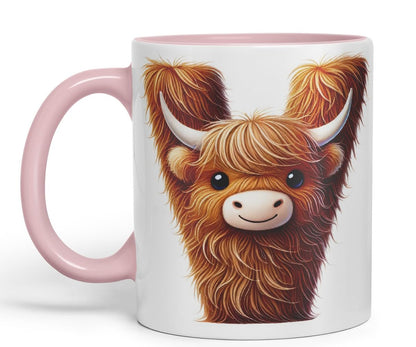 Highland Cow Alphabet Monogram Coloured Ceramic Cup Mug Letter V Rustic Farmhouse Animal Letter Gift V2 11oz (Black)