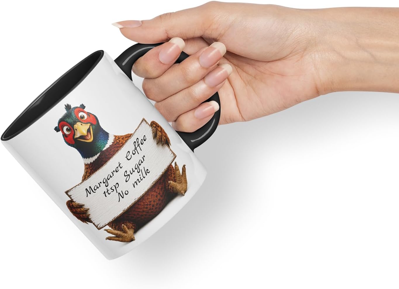 Vixar Personalised Pheasant Mug with Name or Custom Message – Cute Animal Coloured Ceramic Mug Cup Gift, 11oz (Black)