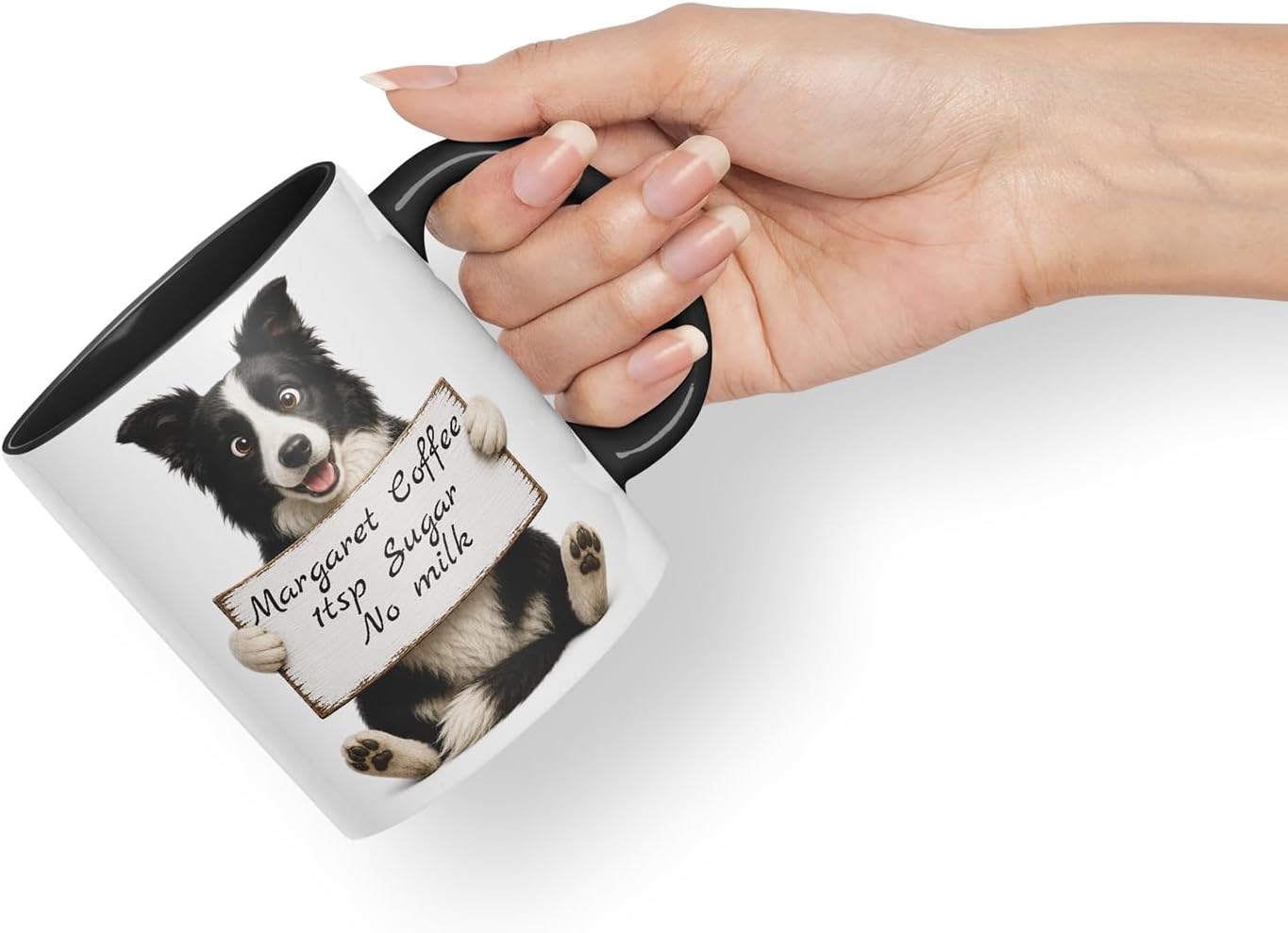 Vixar Personalised Border Collie Mug with Name or Custom Message – Cute Animal Coloured Ceramic Mug Cup Gift, 11oz (Black)
