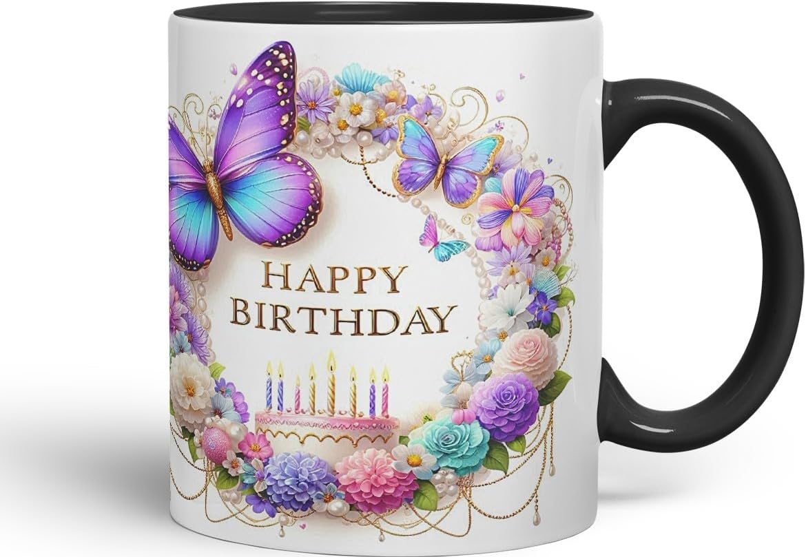 Vixar Happy Birthday Pastel Cake Florals Coloured Ceramic Mug Cup Gift 11oz V6 (Black)