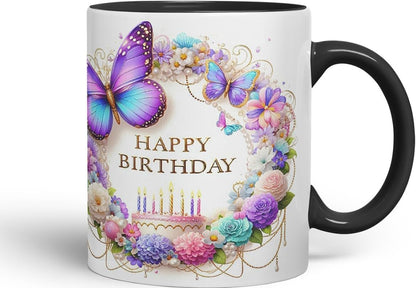 Vixar Happy Birthday Pastel Cake Florals Coloured Ceramic Mug Cup Gift 11oz V6 (Black)