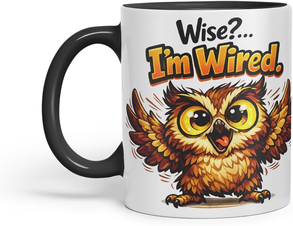 Vixar Wise I'm Wired Funny Owl Mug – Coloured Ceramic Mug Cup Gift, 11oz (Black)
