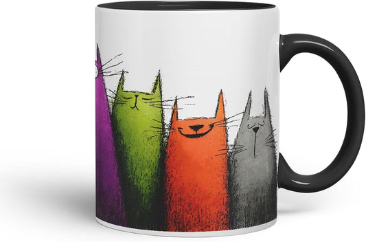 Vixar Funny Colourful Cute Cats Design – Coloured Ceramic Mug Cup Gift, 11oz (Black)