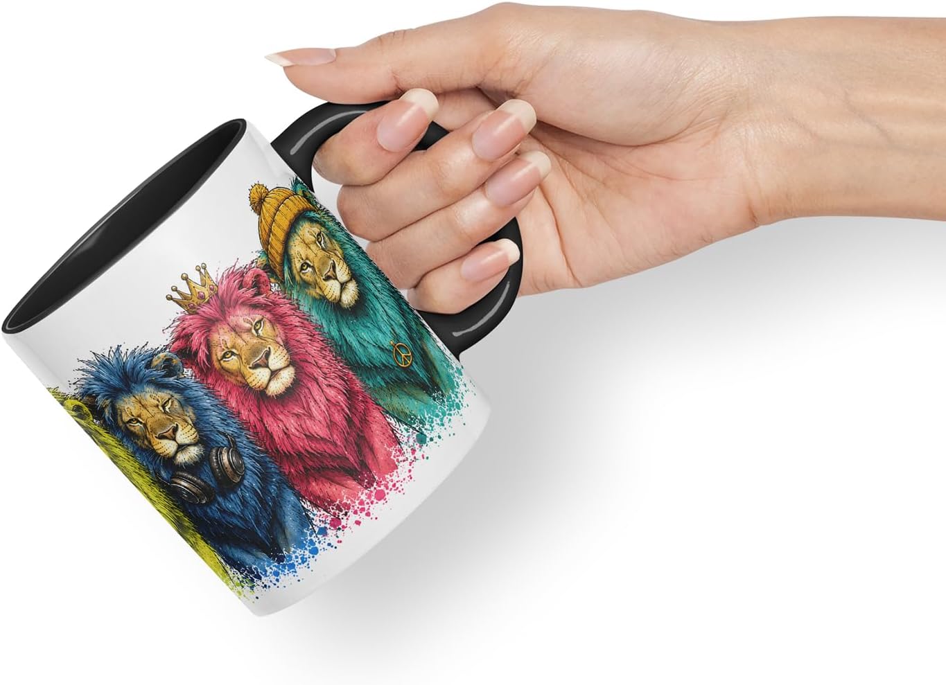 Lion Mug – Cute Lion Animal Coloured Ceramic Mug Cup Gift, 11oz (Black)