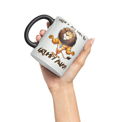 Coffee a Day Keeps The Grumy Away! Lion Joke sarkasm Sarcastic Ceramic Coloured Mug Cup for Tea Coffee Hot Brew 330ml 11Oz Gift