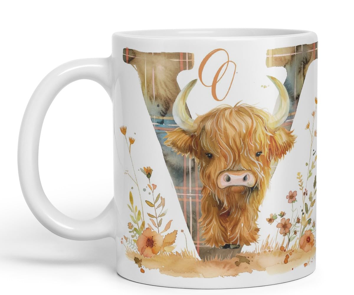 Vixar Highland Cow Alphabet Monogram Coloured Ceramic Cup Mug – Letter V – Rustic Farmhouse Animal Letter Gift – 11oz (Black)