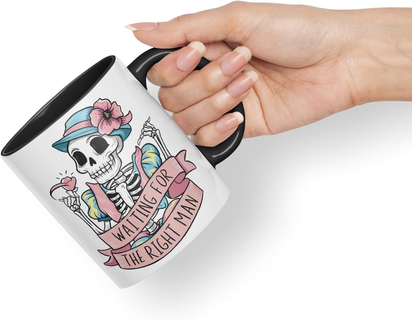 Vixar Waiting for The Right Man – Coloured Ceramic Mug Cup Gift, 11oz (Black)