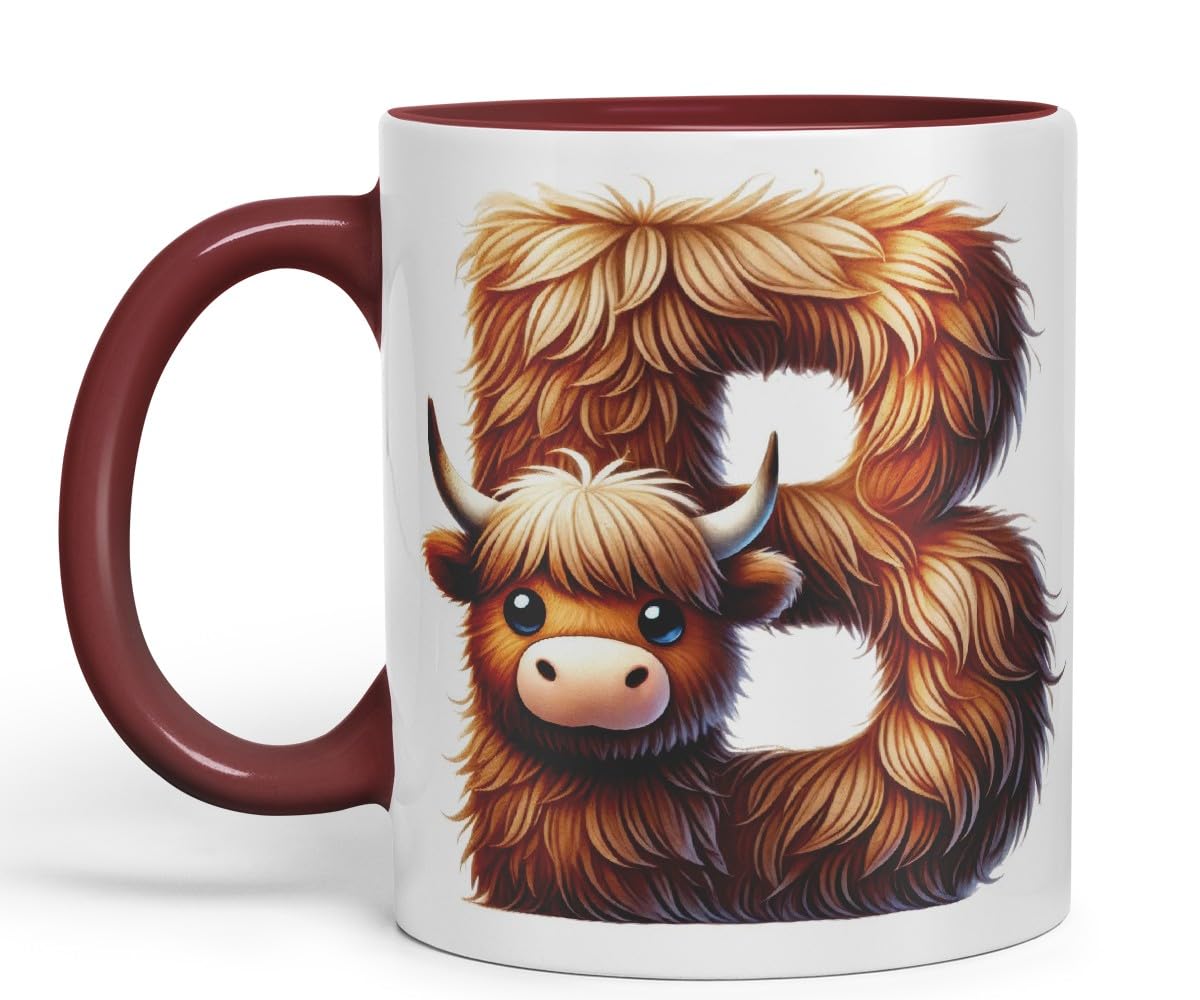 Highland Cow Alphabet Monogram Coloured Ceramic Cup Mug Letter B Rustic Farmhouse Animal Letter Gift V2 11oz (Black)