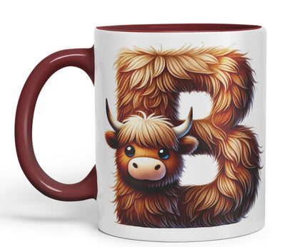Highland Cow Alphabet Monogram Coloured Ceramic Cup Mug Letter B Rustic Farmhouse Animal Letter Gift V2 11oz (Black)
