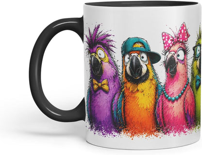Vixar Parrots Mug – Colourful Bird Lover Coloured Ceramic Mug Cup Gift, 11oz (Black)