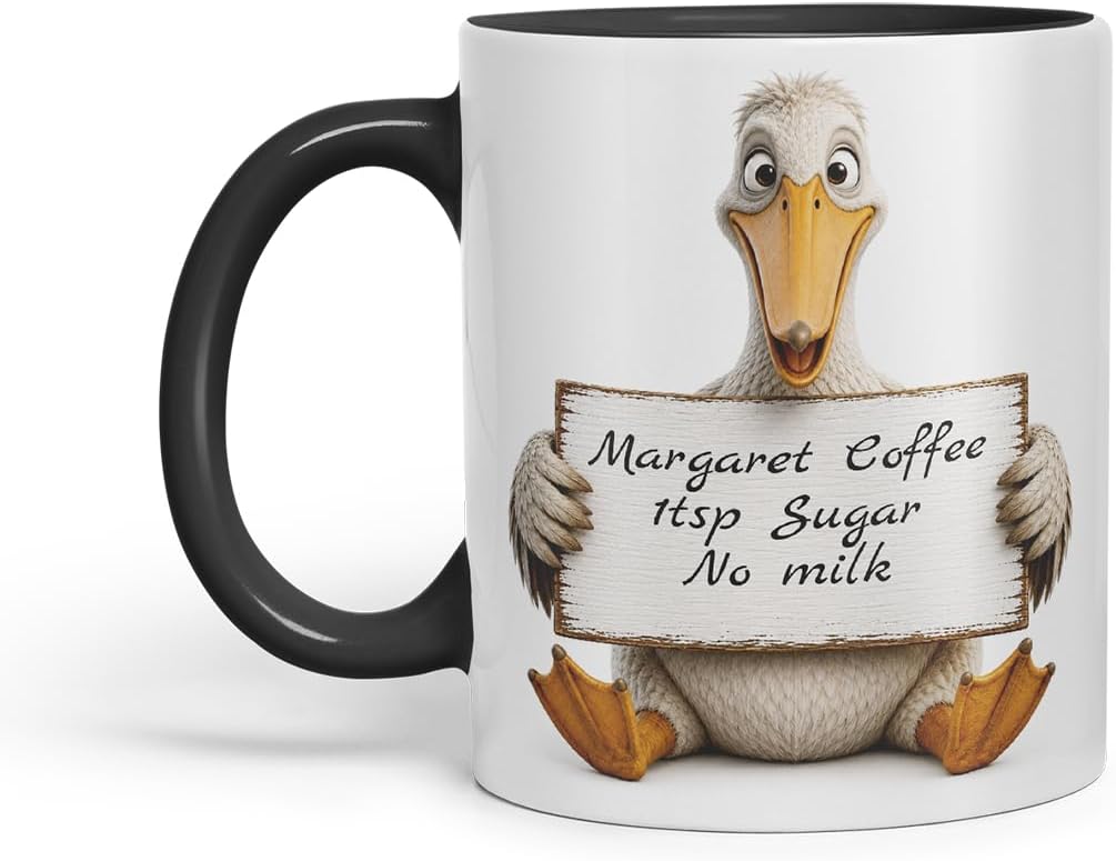 Vixar Personalised Pelican Mug with Name or Custom Message – Cute Animal Coloured Ceramic Mug Cup Gift, 11oz (Black)