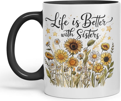 Vixar Life is Better with Sisters Coloured Mug Cup Floral Sister Gift 11oz (Black)