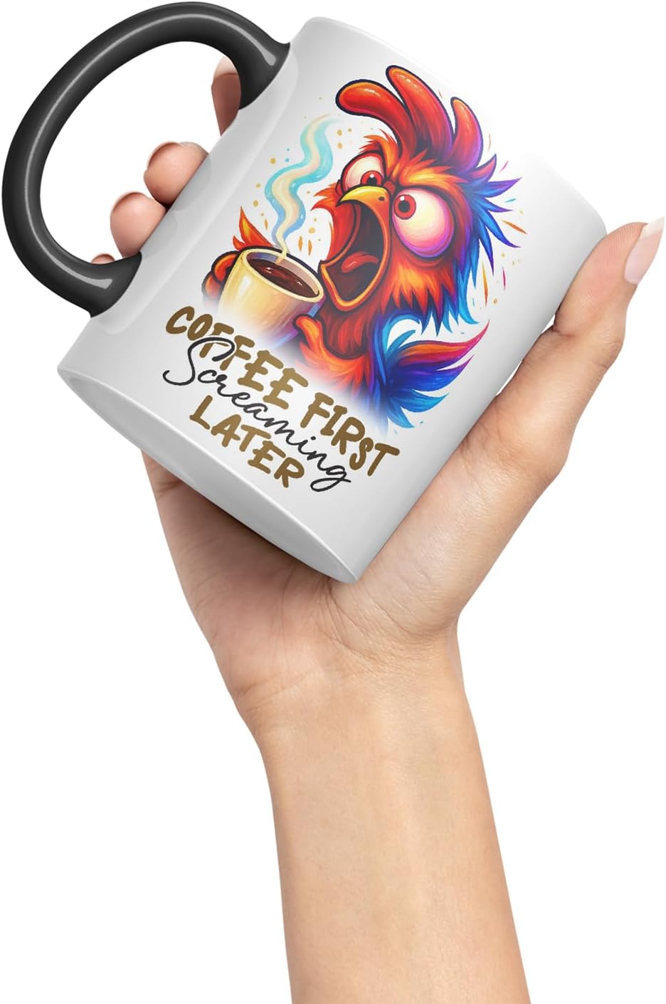 Vixar Coffee First Screaming Later Funny Chicken Mug – Coloured Ceramic Mug Cup Gift, 11oz (Black)