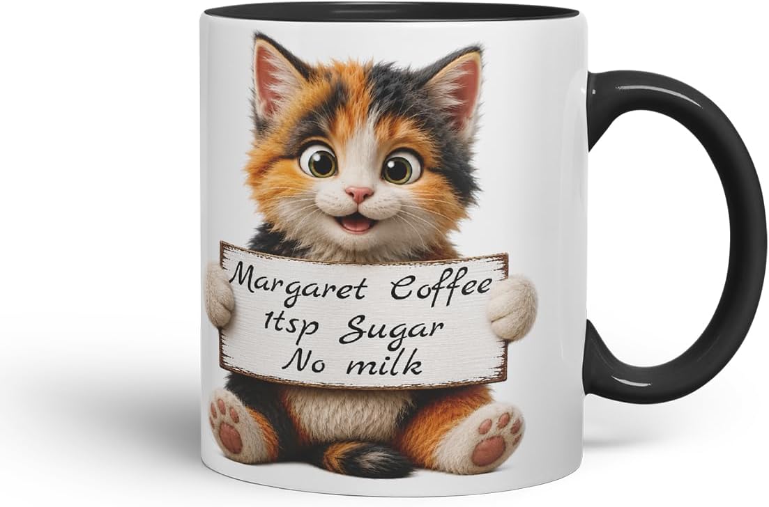 Vixar Personalised Mixed Cat Mug with Name or Custom Message – Cute Animal Coloured Ceramic Mug Cup Gift, 11oz (Black)