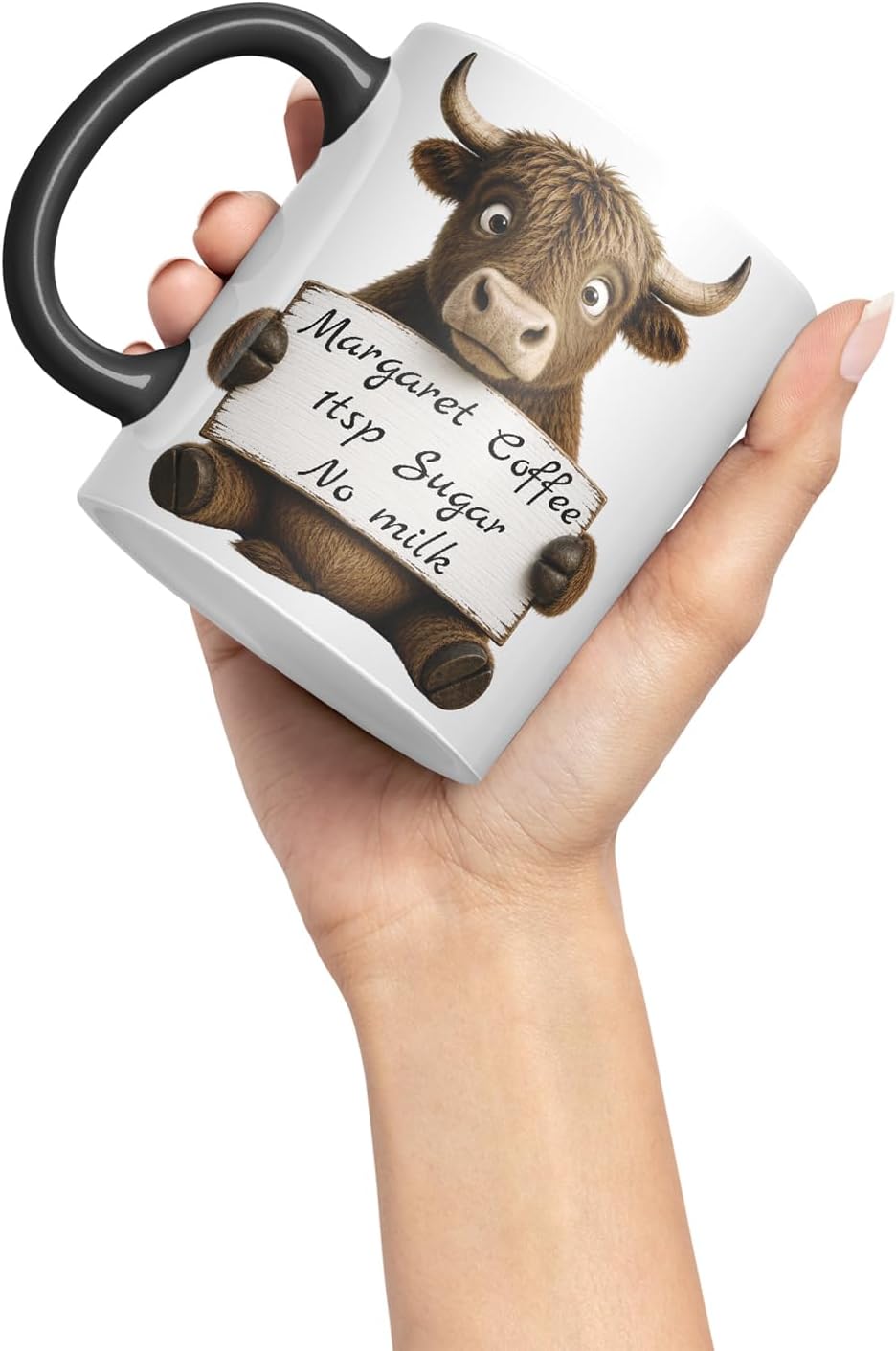 Vixar Personalised Bull Mug with Name or Custom Message – Cute Animal Coloured Ceramic Mug Cup Gift, 11oz (Black)