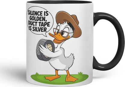 Vixar Silence is Golden Duct Tape is Silver – Coloured Ceramic Mug Cup Gift, 11oz (Black)