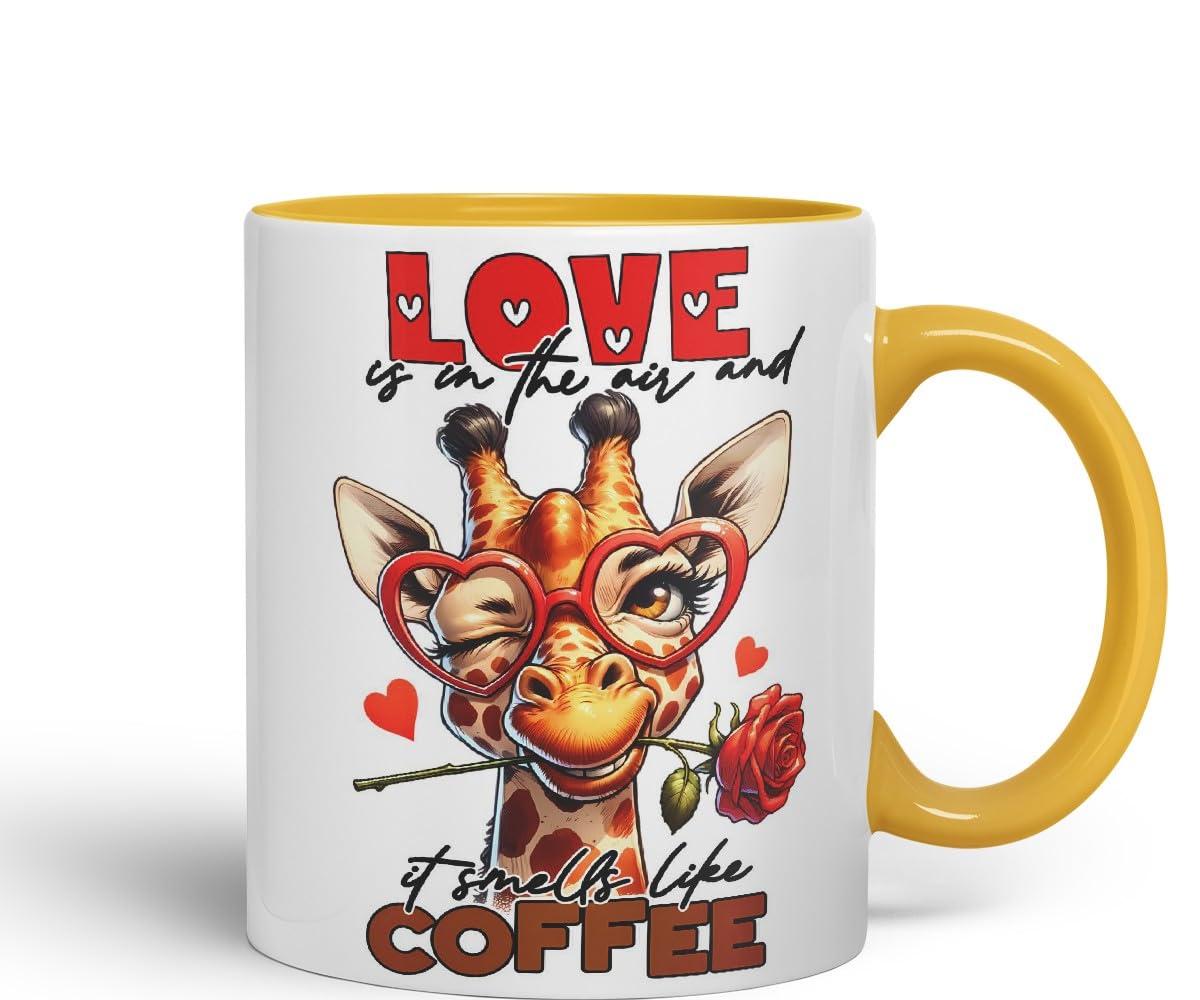Vixar Love is in The Air and It Smells Like Coffee Sarcastic Giraffe Mug, Coloured Ceramic Cup 11oz (Black)