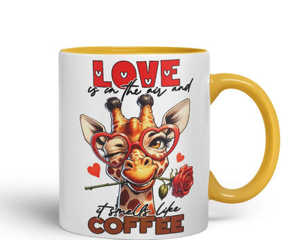 Vixar Love is in The Air and It Smells Like Coffee Sarcastic Giraffe Mug, Coloured Ceramic Cup 11oz (Black)