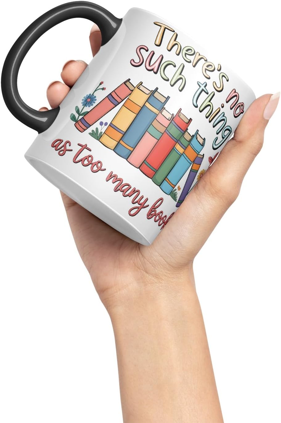 Vixar There's No Such Thing As Too Many Books (Pastel Version) Coloured Ceramic Mug Cup Gift, 11oz (Black)