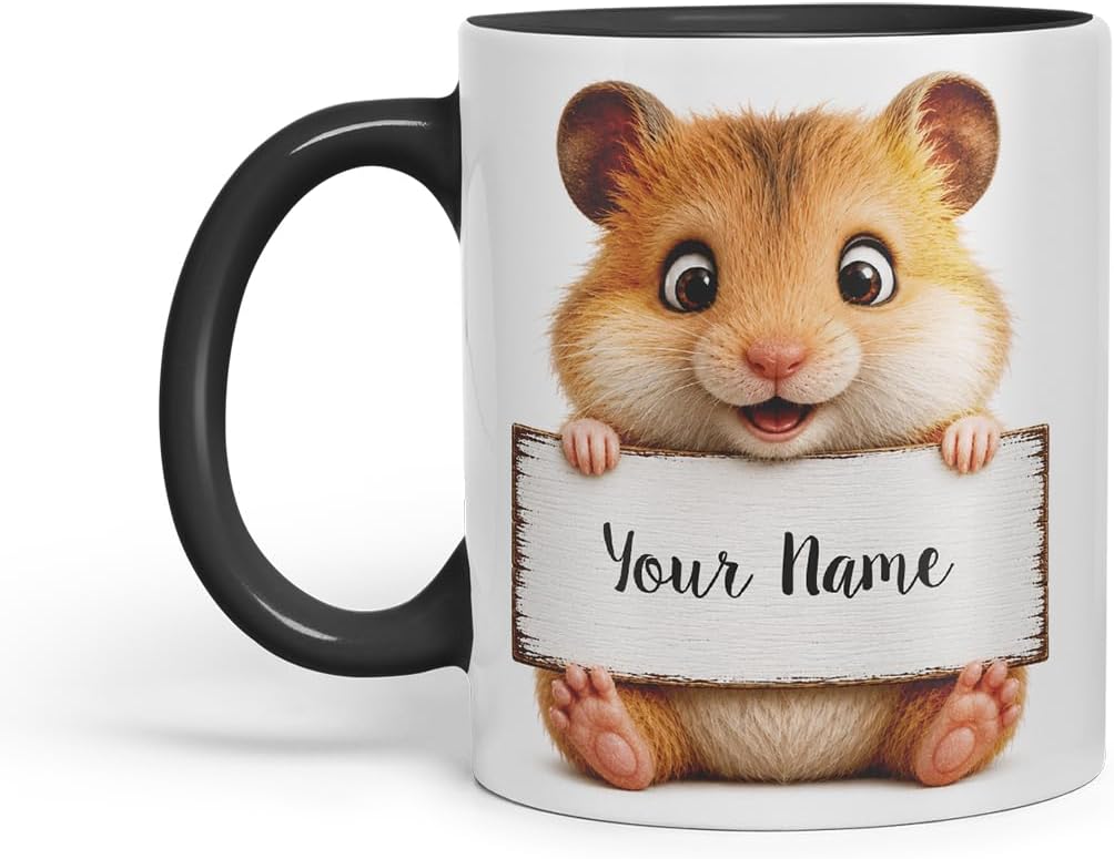 Vixar Personalised Hamster Mug with Name or Custom Message – Cute Animal Coloured Ceramic Mug Cup Gift, 11oz (Black)