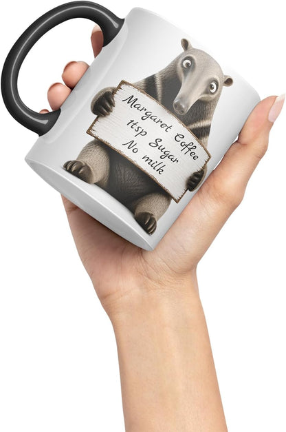Vixar Personalised Anteater Mug with Name or Custom Message – Cute Animal Coloured Ceramic Mug Cup Gift, 11oz (Black)